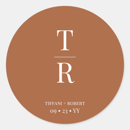 Terracotta Chic Monogrammed Trouwgunst Ronde Sticker (Voorkant)