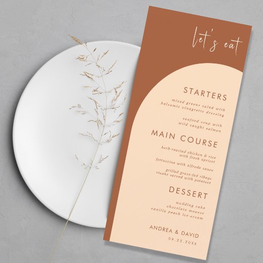 Terracotta & Cream Boho Arch Let's Eat Wedding Menu