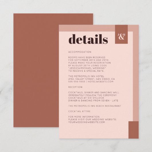 Terracotta Cream Modern Monogram Weddenschap Detai Informatiekaartje (Voorkant / Achterkant)