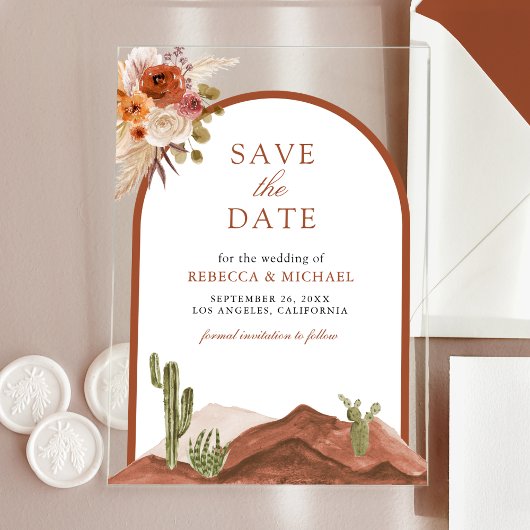 Terracotta Desert Cactus Wedding Save the Date Acryl Uitnodigingen