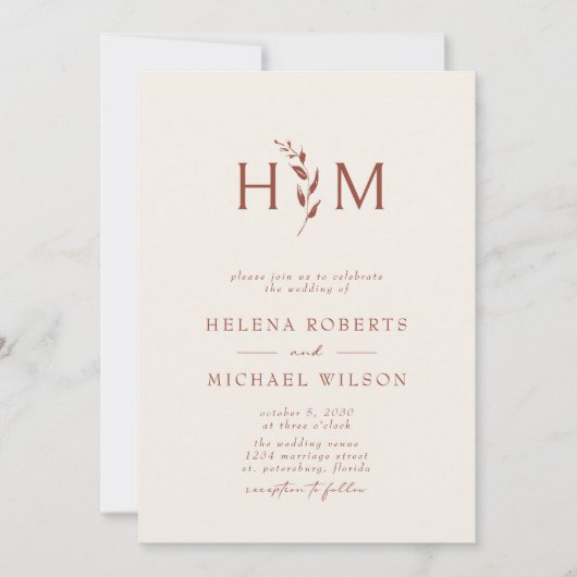 Terracotta Ecru QR Code Botanical Monogram Weddens Kaart (Voorkant)