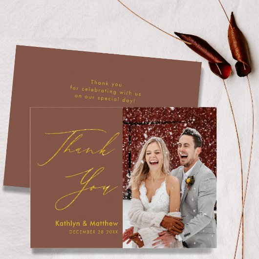 Terracotta Elegant Gold Script Modern Wedding Bedankkaart