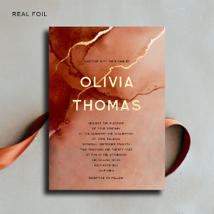 Terracotta Elegant Modern Beach Fall Bruiloft Goud Folie Uitnodiging