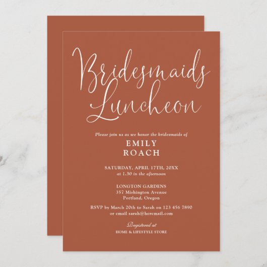Terracotta Elegant Script Bruidsmeisjes Lunch Kaart (Voorkant / Achterkant)