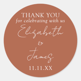 Terracotta Elegant Script Bruiloft Bedankt Ronde Sticker