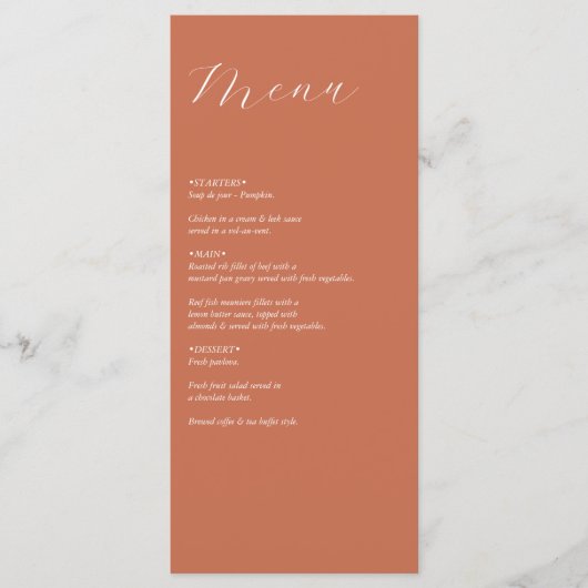 Terracotta Elegant Script Calligraphy Wedding Menu (Voorkant)