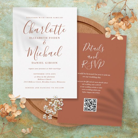 Terracotta Elegant Script QR Code Weddenschap Kaart