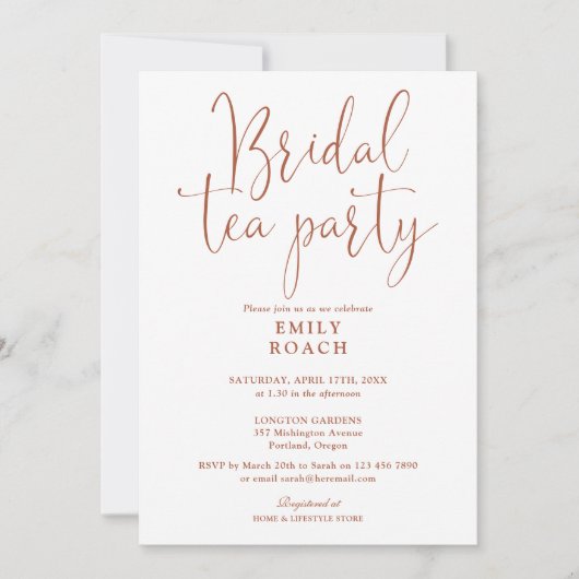 Terracotta Elegante Script Bruids Tea Party Borrel Kaart (Voorkant)
