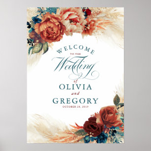 Terracotta en Blauwgroen Blue Floral Wedding Welco Poster