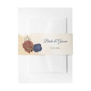 terracotta en marine blauwe bloemen bruiloft uitnodigingen wikkel