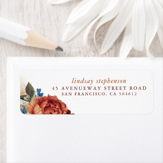 Terracotta en Navy Blue Bloemen Herfst Etiket (Insitu)