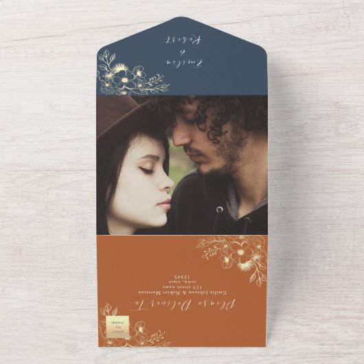 Terracotta en Navy Blue Bruiloft All In One Uitnodiging (Buitenkant)