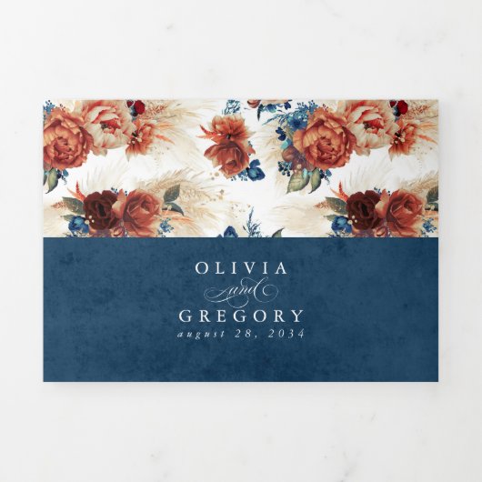 Terracotta en Navy Blue Elegant Boho Wedding Drieluik Uitnodiging (Cover)