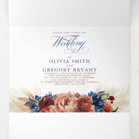 Terracotta en Navy Blue Elegant Boho Wedding Drieluik Uitnodiging (Binnenkant midden)