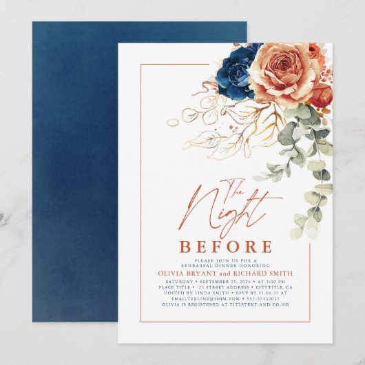 Terracotta en Navy Blue Floral repetitie diner Kaart (Voorkant / Achterkant)