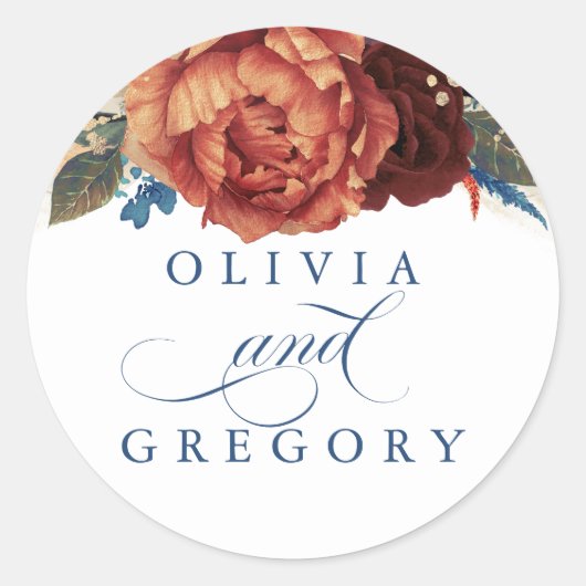 Terracotta en Navy Blue Floral Wedding Ronde Sticker (Voorkant)