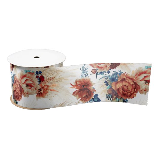 Terracotta en Navy Blue Pampas Grass Floral Boho Lint (Spoel)