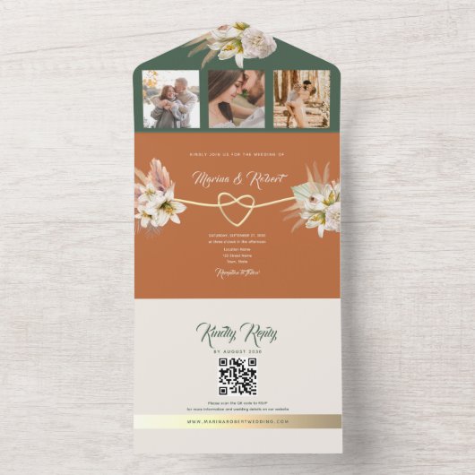 Terracotta en Olijfgroene Boho bruiloft All In One Uitnodiging (Binnen)