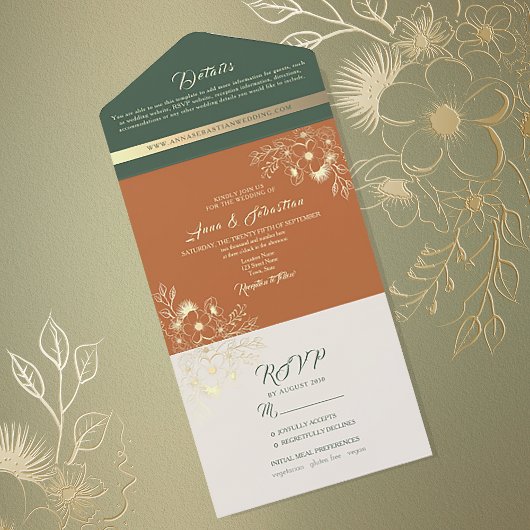 Terracotta en Sage Green bruiloft All In One Uitnodiging