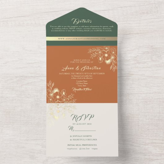 Terracotta en Sage Green bruiloft All In One Uitnodiging (Binnen)