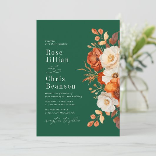 Terracotta en smaragdgroene bloemenbruiloft kaart (Staand voorkant)