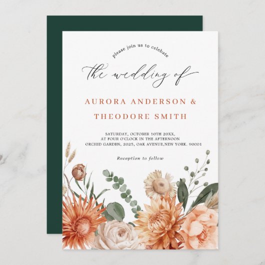 Terracotta en Smaragdgroene rustieke bloemenbruilo Kaart (Voorkant / Achterkant)