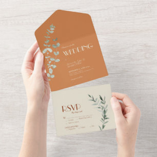 Terracotta Eucalyptus Deco Wedding All In One Uitnodiging