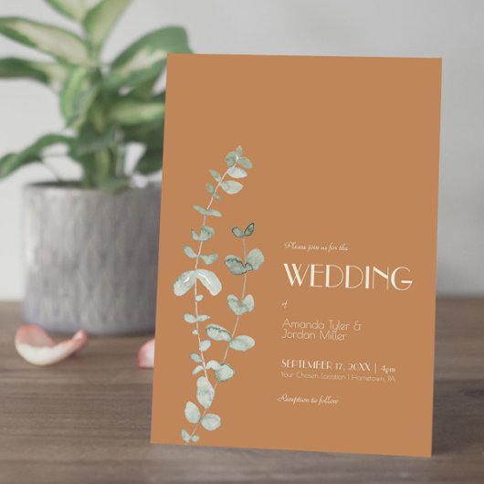 Terracotta Eucalyptus Deco Wedding Invitation Kaart