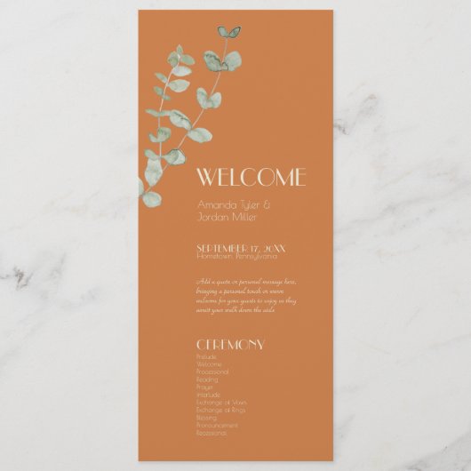 Terracotta Eucalyptus Deco Wedding Programme Programma (Voorkant)
