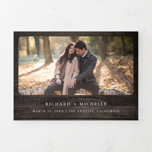 Terracotta Floral Antlers Wood QR Code Weddenschap Drieluik Uitnodiging (Cover)