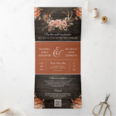 Terracotta Floral Antlers Wood QR Code Weddenschap Drieluik Uitnodiging (Binnen)