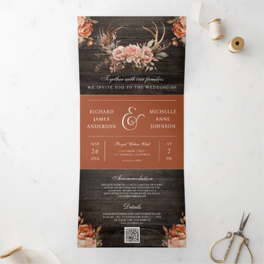 Terracotta Floral Antlers Wood QR Code Weddenschap Drieluik Uitnodiging (Binnen)