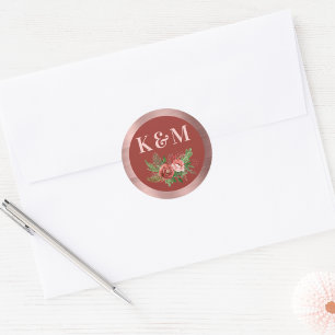 Terracotta Floral Blush Pink kerstmonogram Ronde Sticker