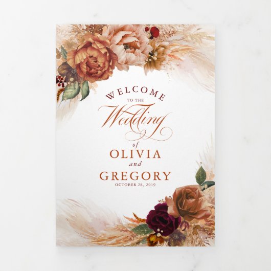 Terracotta Floral Boho Modern Fall Wedding Drieluik Programma (Cover)