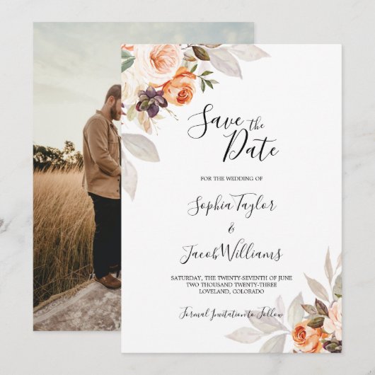 Terracotta Floral Burnt Sinaasappel Boho Fall Wedd Save The Date (Voorkant / Achterkant)