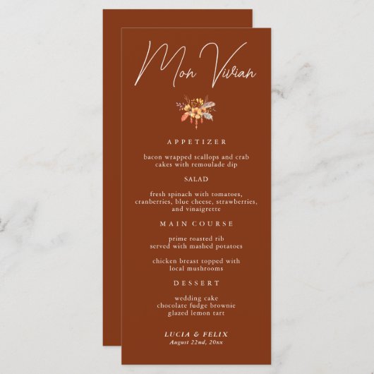 Terracotta floral Carte Mariage Dîner Carte (Devant / Derrière)