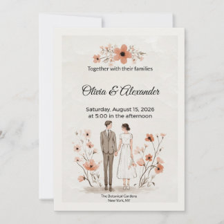 Terracotta Floral & Couple Illustration Wedding Kaart