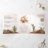 Terracotta Floral Desert Cactus QR Code Bruiloft Drieluik Uitnodiging (Binnen)