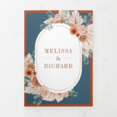 Terracotta Floral Dusty Blue QR Code Wedding Drieluik Uitnodiging (Cover)