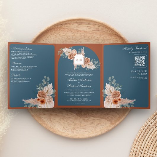 Terracotta Floral Dusty Blue QR Code Wedding Drieluik Uitnodiging