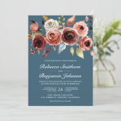 Terracotta Floral Dusty Blue QR Code Wedding Kaart (Staand voorkant)