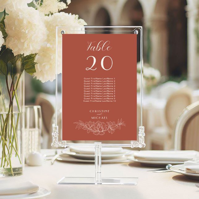 Terracotta Floral Gastennamen Trouwtafel Nummer (Terracotta Floral Wedding Table Number with Guest Names, Couple Name, Magnolia Flowers.)