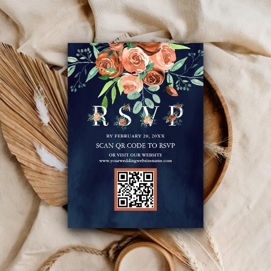 Terracotta Floral Navy Blue QR Code RSVP Weddensch Informatiekaartje