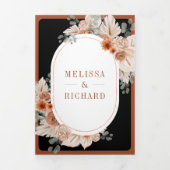 Terracotta Floral Pampas Black QR Code Wedding Drieluik Uitnodiging (Cover)