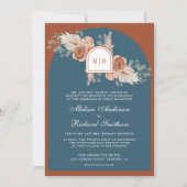 Terracotta Floral Pampas Dusty Blue Wedding Kaart (Voorkant)