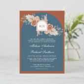 Terracotta Floral Pampas Dusty Blue Wedding Kaart (Staand voorkant)