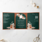 Terracotta Floral Pampas Emerald QR Code Wedding Drieluik Uitnodiging (Binnen)