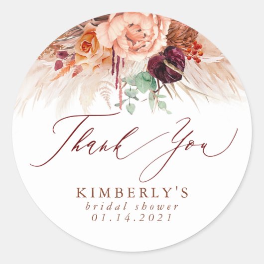 Terracotta Floral Pampas Grass Hartelijk dank Ronde Sticker (Voorkant)