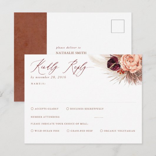 Terracotta Floral Pampas Grass RSVP Briefkaart (Voorkant / Achterkant)