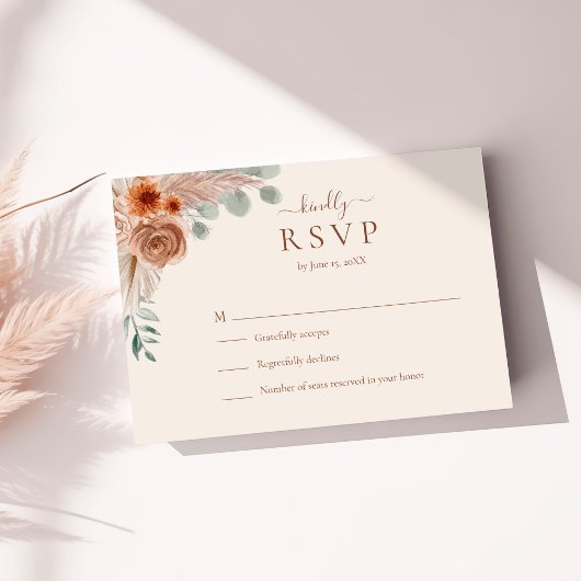 Terracotta Floral Pampas Grass Wedding RSVP Card